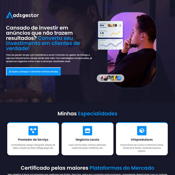 Criar Site Landing Page Gestor de Tráfego Template Wordpress Português Elementor 1887S